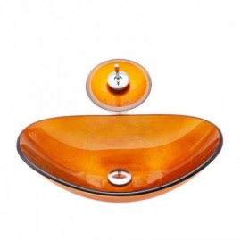 Yellow Tempered Glass Waterfall Countertop Sink With Faucet For Bathroom