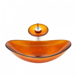 Yellow Tempered Glass Waterfall Countertop Sink With Faucet For Bathroom