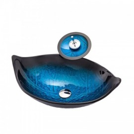 Countertop Washbasin Tempered Glass Blue Leaf Waterfall With Faucet For Bathroom