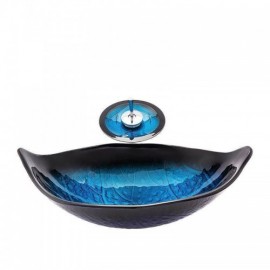 Countertop Washbasin Tempered Glass Blue Leaf Waterfall With Faucet For Bathroom