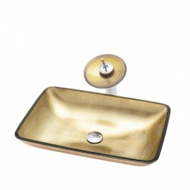 Rectangular Gold Tempered Glass Sink With Faucet For Bathroom