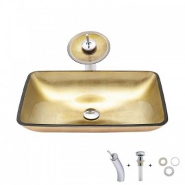 Rectangular Gold Tempered Glass Sink With Faucet For Bathroom