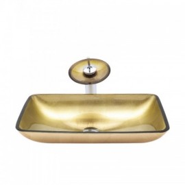 Rectangular Gold Tempered Glass Sink With Faucet For Bathroom