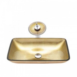 Rectangular Gold Tempered Glass Sink With Faucet For Bathroom