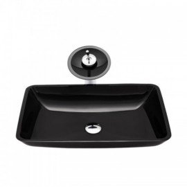Black Rectangle Tempered Glass Sink With Faucet For Bathroom