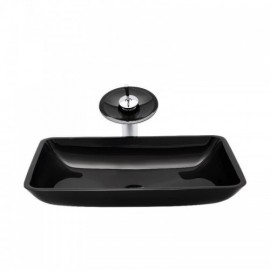 Black Rectangle Tempered Glass Sink With Faucet For Bathroom