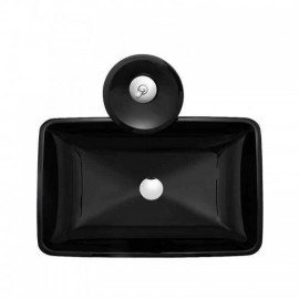Black Rectangle Tempered Glass Sink With Faucet For Bathroom