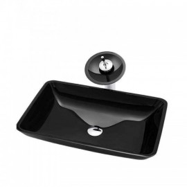 Black Rectangle Tempered Glass Sink With Faucet For Bathroom