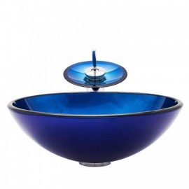 Waterfall Blue Round Tempered Glass Sink With Faucet For Bathroom Toilet