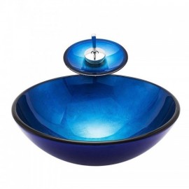 Waterfall Blue Round Tempered Glass Sink With Faucet For Bathroom Toilet