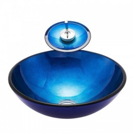 Waterfall Blue Round Tempered Glass Sink With Faucet For Bathroom Toilet