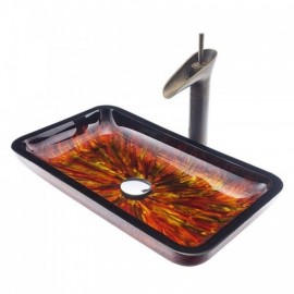 Multicolored Rectangular Tempered Glass Countertop Washbasin With Faucet For Bathroom