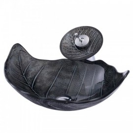 Black Tempered Glass Countertop Washbasin With Faucet For Bathroom