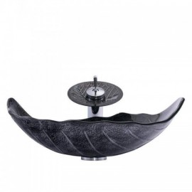 Black Tempered Glass Countertop Washbasin With Faucet For Bathroom