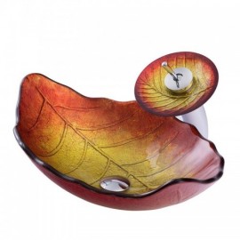 Countertop Washbasin Tempered Glass Waterfall Yellow Leaf With Faucet For Bathroom