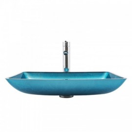 Rectangular Countertop Sink In Retro Blue Tempered Glass For Bathroom