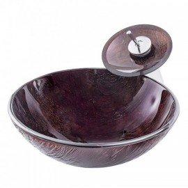 Retro Stripe Round Tempered Glass Countertop Sink With Faucet For Bathroom