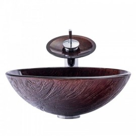 Retro Stripe Round Tempered Glass Countertop Sink With Faucet For Bathroom