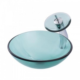 Round Countertop Washbasin In Tempered Glass With Waterfall Faucet For Bathroom