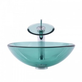 Round Countertop Washbasin In Tempered Glass With Waterfall Faucet For Bathroom