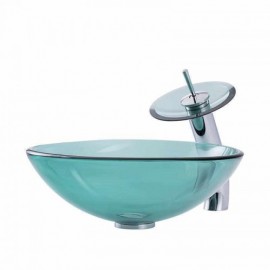 Round Countertop Washbasin In Tempered Glass With Waterfall Faucet For Bathroom