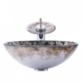 Countertop Washbasin Round Silver Tempered Glass With Faucet For Bathroom