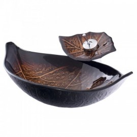 Retro Leaf Countertop Washbasin Tempered Glass With Faucet For Bathroom