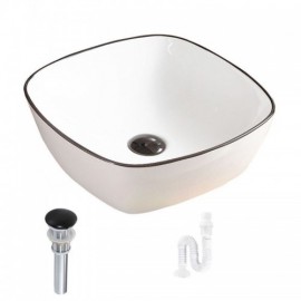 White Square Countertop Washbasin In Black Edge Ceramic For Bathroom