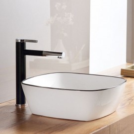 White Square Countertop Washbasin In Black Edge Ceramic For Bathroom