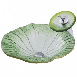 Pastoral Lotus Leaf Tempered Glass Sink With Faucet For Bathroom