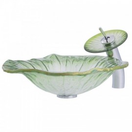 Pastoral Lotus Leaf Tempered Glass Sink With Faucet For Bathroom