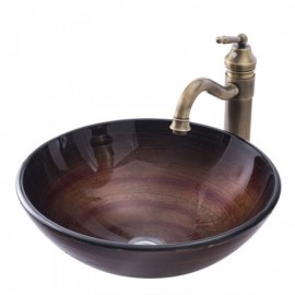 Dark Round Tempered Glass Countertop Washbasin With Faucet For Bathroom