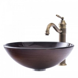 Dark Round Tempered Glass Countertop Washbasin With Faucet For Bathroom