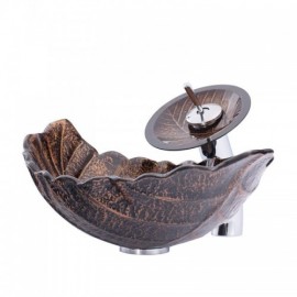 Retro Waterfall Leaf Tempered Glass Sink With Faucet For Bathroom