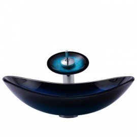 Blue Tempered Glass Countertop Sink With Faucet For Bathroom