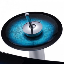Blue Tempered Glass Countertop Sink With Faucet For Bathroom