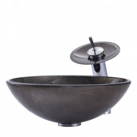 Black Waterfall Round Tempered Glass Sink With Faucet For Bathroom