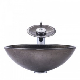Black Waterfall Round Tempered Glass Sink With Faucet For Bathroom