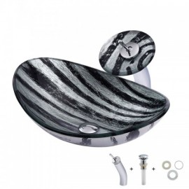 Black And White Striped Tempered Glass Sink With Faucet For Bathroom