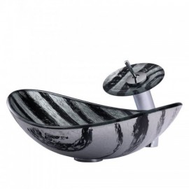 Black And White Striped Tempered Glass Sink With Faucet For Bathroom