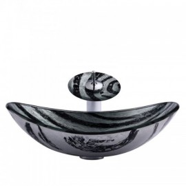 Black And White Striped Tempered Glass Sink With Faucet For Bathroom