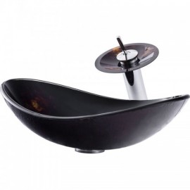 Dark Tempered Glass Countertop Sink With Faucet For Bathroom