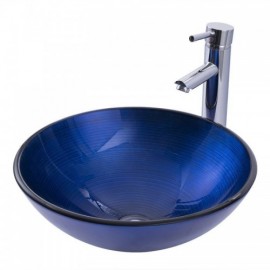 Countertop Washbasin Tempered Glass Round Blue Line With Faucet For Bathroom