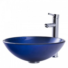 Countertop Washbasin Tempered Glass Round Blue Line With Faucet For Bathroom