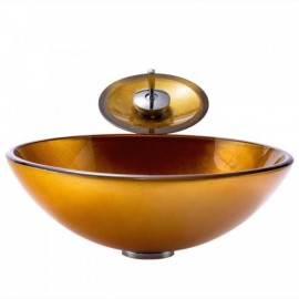 Yellow Countertop Washbasin Tempered Glass Round Waterfall With Faucet For Bathroom