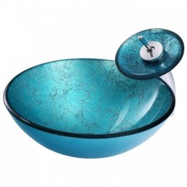 Countertop Washbasin Blue Round Tempered Glass With Faucet For Bathroom