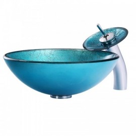 Countertop Washbasin Blue Round Tempered Glass With Faucet For Bathroom