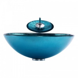 Countertop Washbasin Blue Round Tempered Glass With Faucet For Bathroom