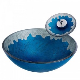 Round Countertop Washbasin In Wave Foam Blue Tempered Glass With Faucet For Bathroom