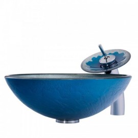 Round Countertop Washbasin In Wave Foam Blue Tempered Glass With Faucet For Bathroom